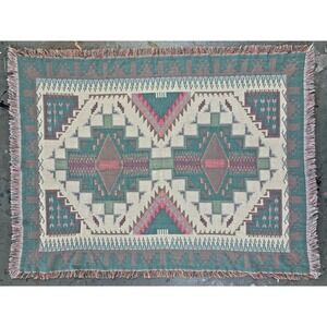 Vintage Crown Craft Blanket Throw 63x47 Pink Green Aztec Southwest Boho USA Made